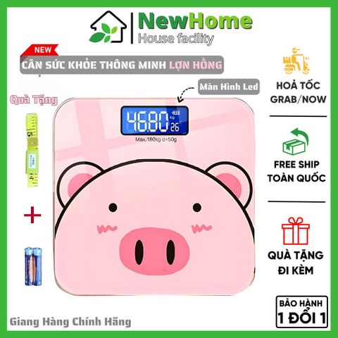 Cân Điện Tử, Cân Sức Khỏe Thông Minh Hình Lợn Hồng Cute Có Màn Hình Led Cao Cấp Tặng Kèm Thước Dây.