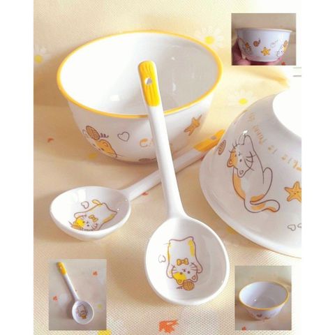 Bộ 2 Bát Sứ Kèm 2 Thìa Mặt Cười, Bát Heo Hồng, Bát Cún, Bát Mèo Hàng Loại 1 Siêu Đẹp.