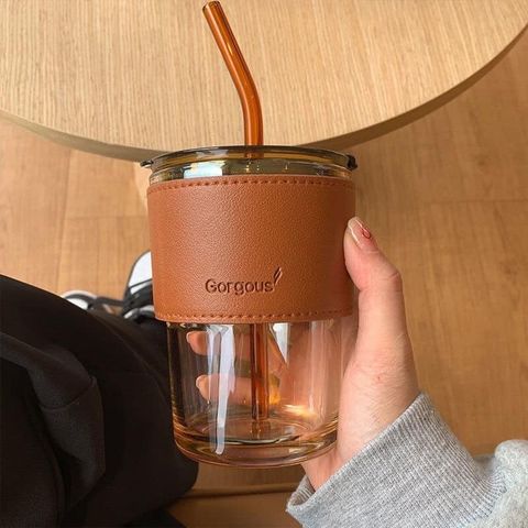 Ly Thủy Tinh Gorgous 450ml - Có Nắp và Ống Hút Tặng Kèm Quai Da Cực Đẹp
