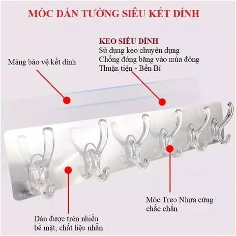 Vỉ Móc Dán Tường Chịu Lực 6 Móc Treo Đồ Đa Năng - Miếng Dán Siêu Dính Chịu Lực 10kg.