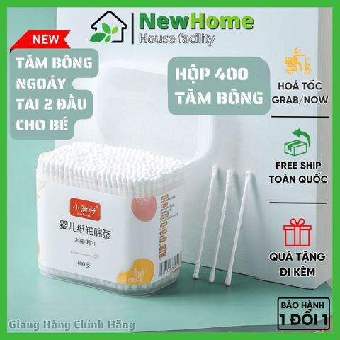 Hộp 400 Tăm Bông Ngoáy Tai 2 Đầu Vệ Sinh Tai, Mũi Kháng Khuẩn Dùng Được Cho Bé