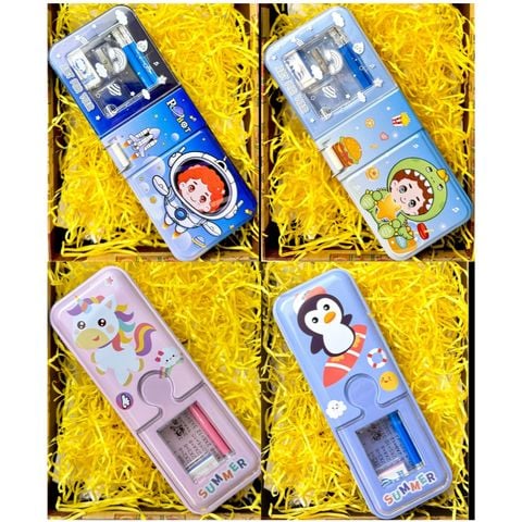 Hộp bút thiếc 2 ngăn có phụ kiện (gôm + thước + bút chì) (648/649-40)