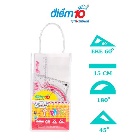 Thước bộ Điểm 10 SR-012 gồm thước thẳng, 2 thước eke 45, 60 và 1 thước đo góc 180