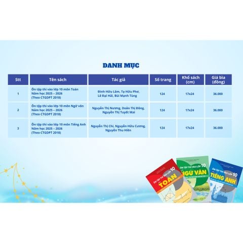 Sách tham khảo - Bộ 3 cuốn (Toán, Văn, Anh) Ôn tập thi vào lớp 10 năm học 2025-2026 (Theo CT GDPT 2018)