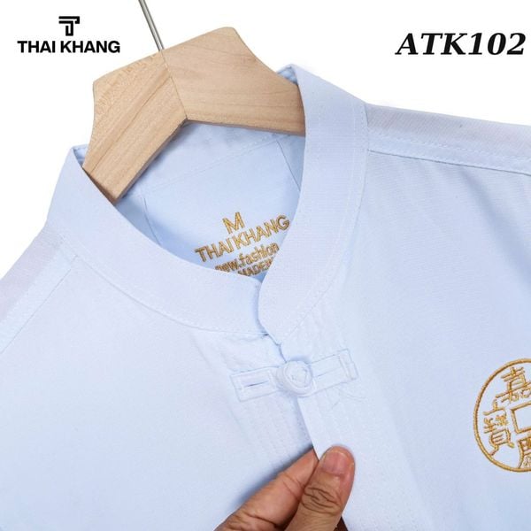 Áo sơ mi cổ trụ trung niên nam THÁI KHANG vải Đũi mịn thiêu rồng ATK10
