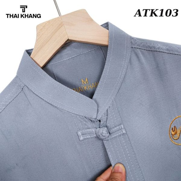Áo sơ mi cổ trụ trung niên nam THÁI KHANG vải Đũi mịn thiêu rồng ATK10