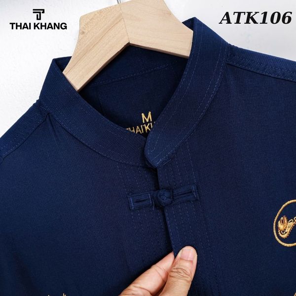 Áo sơ mi cổ trụ trung niên nam THÁI KHANG vải Đũi mịn thiêu rồng ATK10
