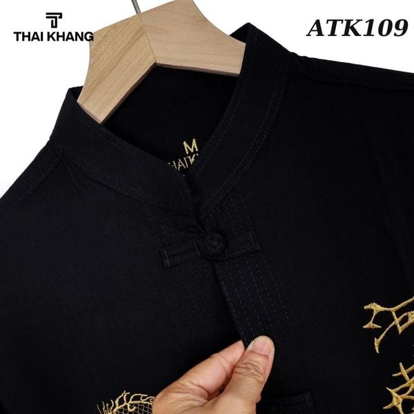 Áo sơ mi cổ trụ trung niên nam THÁI KHANG vải Đũi mịn thiêu rồng ATK10