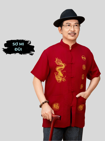 Áo sơ mi cổ trụ trung niên nam THÁI KHANG vải Đũi mịn thiêu rồng ATK10