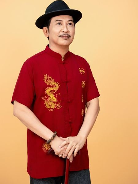 Áo sơ mi cổ trụ trung niên nam THÁI KHANG vải Đũi mịn thiêu rồng ATK10