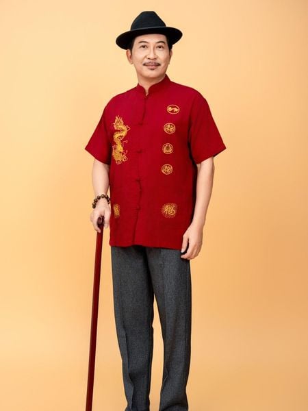 Áo sơ mi cổ trụ trung niên nam THÁI KHANG vải Đũi mịn thiêu rồng ATK10