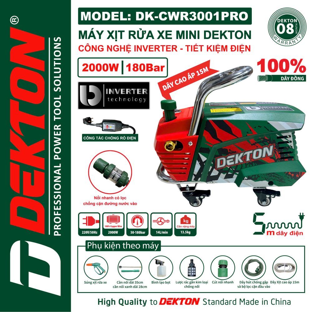  Máy Rửa Xe DEKTON DK-CWR3001PRO – Công Nghệ Inverter, Áp Lực 180Bar, Dây Xịt 15m 