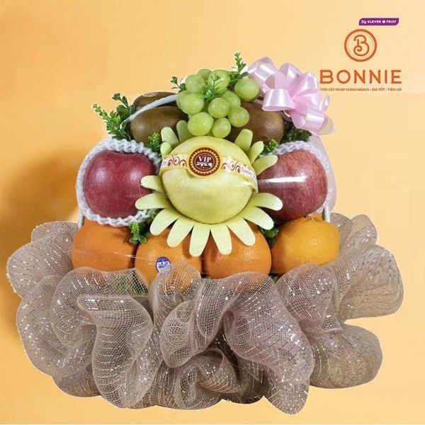Giỏ Quà Trái Cây Tone Nâu Ánh Kim Thanh Lịch