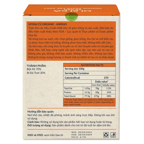 Mì ăn dặm bí đỏ nguyên chất Anpaso 120g