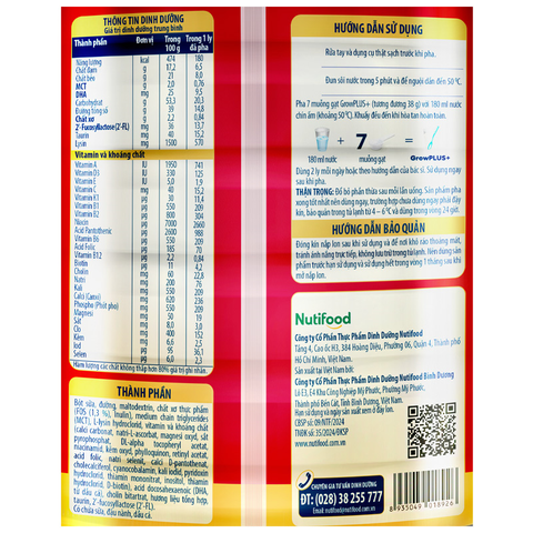 Sữa bột Nutifood GrowPLUS+ đỏ 2+ hương vani 900g (từ 2 tuổi) cho trẻ suy dinh dưỡng, thấp còi
