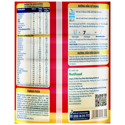 Sữa bột Nutifood GrowPLUS+ đỏ 1+ hương vani 900g (1 - 2 tuổi) cho trẻ suy dinh dưỡng, thấp còi