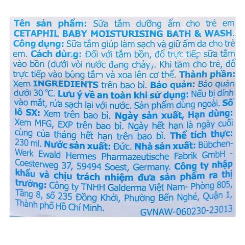 Sữa tắm Cetaphil Baby Moisturizing Bath & Wash hương dịu nhẹ 230 ml cho bé (mọi độ tuổi)