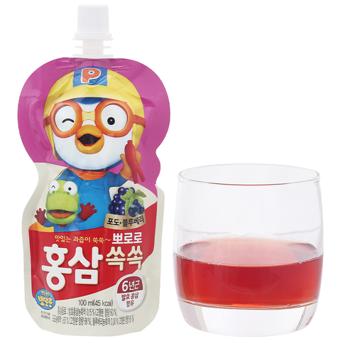 Nước trái cây Pororo hồng sâm vị nho, việt quất 100 ml (từ 1 tuổi)