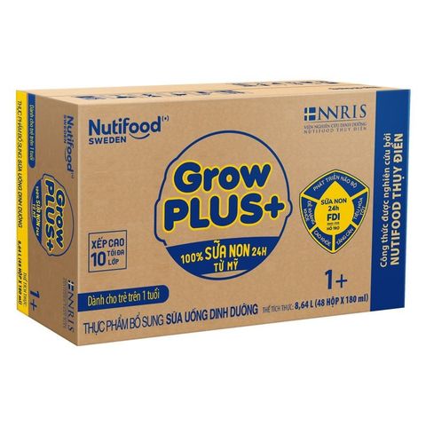 Thùng 48 hộp sữa non pha sẵn Nutifood GrowPLUS+ vàng  hương vani 180 ml