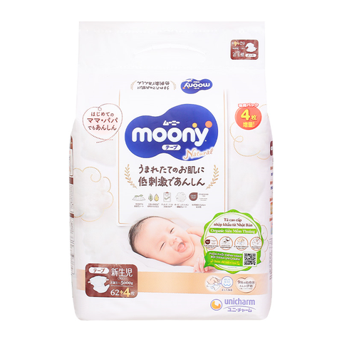 Tã dán Moony Natural size NB 62+4 miếng (Dưới 5 kg)