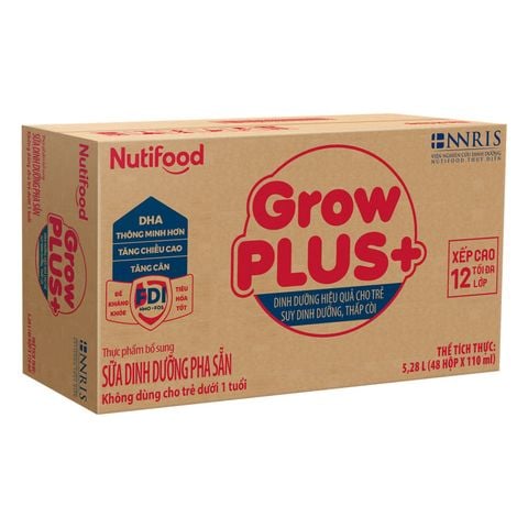 Thùng 48 hộp sữa pha sẵn Nutifood GrowPLUS+ đỏ hương vani 110 ml cho trẻ suy dinh dưỡng, thấp còi (từ 1 tuổi)