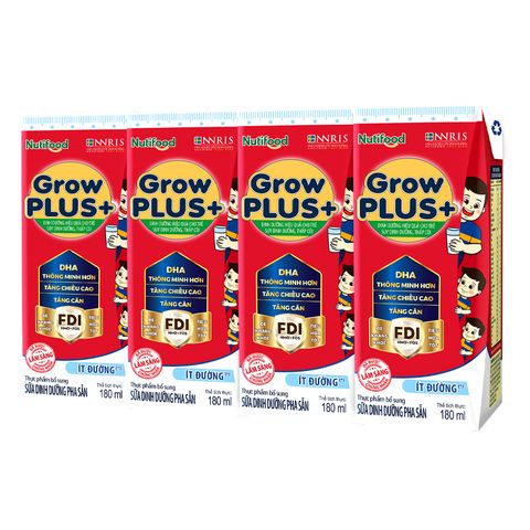Thùng 48 hộp sữa pha sẵn Nutifood GrowPLUS+ đỏ ít đường hương vani 180 ml cho trẻ suy dinh dưỡng, thấp còi (từ 1 tuổi)