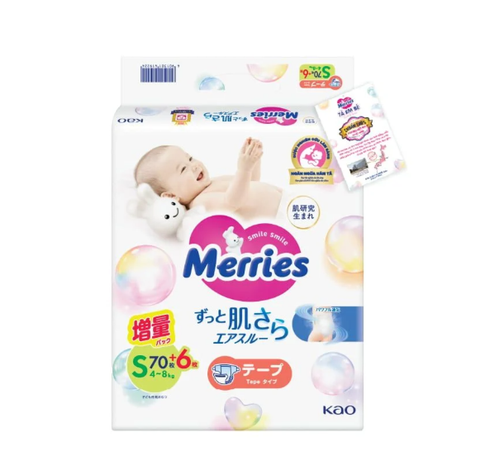 Tã dán Merries size S70+6 miếng (Dưới 4-8 kg)