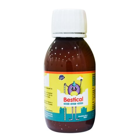 Siro Bestical hỗ trợ xương và răng chắc khỏe hương dâu, 120 ml dạng uống (từ 4 tháng)