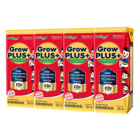 Lốc 4 hộp sữa pha sẵn Nutifood GrowPLUS+ đỏ hương vani 180 ml cho trẻ suy dinh dưỡng, thấp còi (từ 1 tuổi)