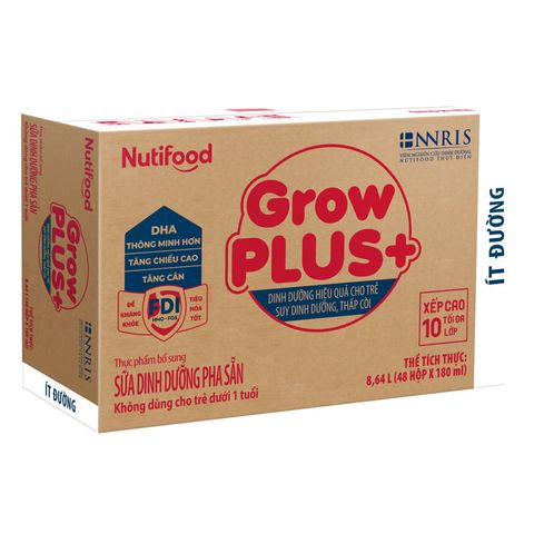 Thùng 48 hộp sữa pha sẵn Nutifood GrowPLUS+ đỏ ít đường hương vani 180 ml cho trẻ suy dinh dưỡng, thấp còi (từ 1 tuổi)
