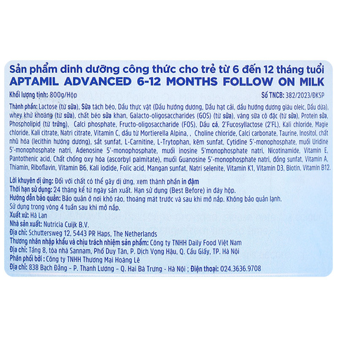 Sữa bột Aptamil Anh Advanced số 2 800g (6 - 12 tháng)