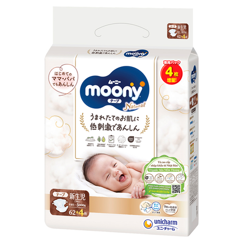 Tã dán Moony Natural size NB 62 + 4 miếng (Dưới 5 kg)