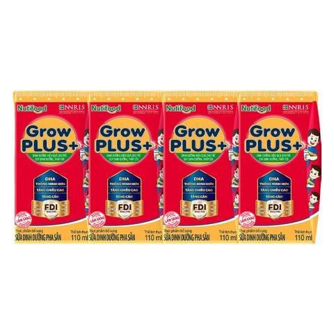 Lốc 4 hộp sữa pha sẵn Nutifood GrowPLUS+ đỏ hương vani 110 ml cho trẻ suy dinh dưỡng, thấp còi (từ 1 tuổi)