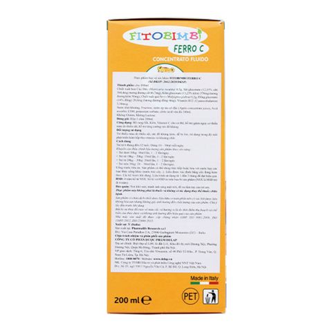 Siro Fitobimbi Ferro C bổ sung sắt, kẽm và vitamin C hương táo, 200 ml dạng uống (6 tháng - 12 tuổi)