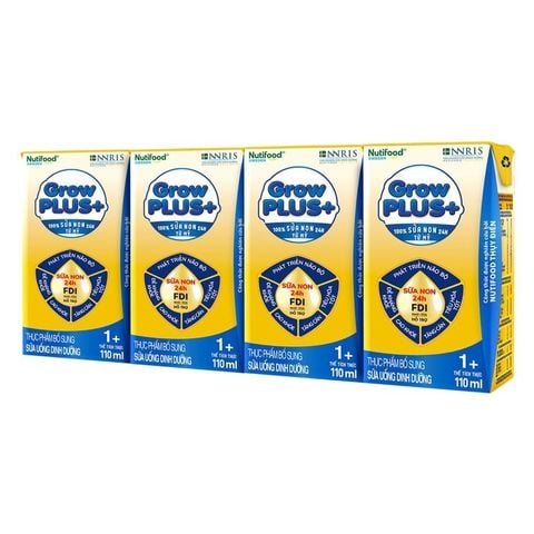 Lốc 4 hộp sữa non pha sẵn Nutifood GrowPLUS+ vàng  hương vani 110 ml