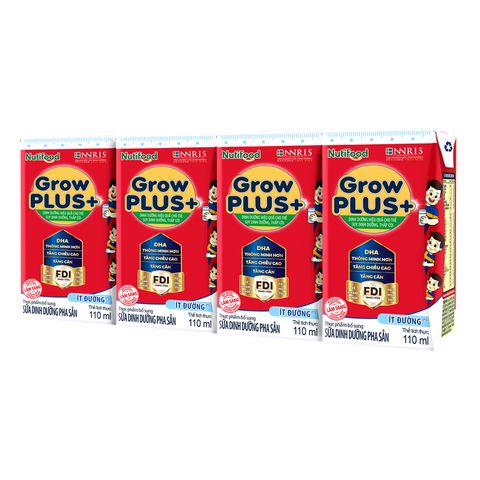 Thùng 48 hộp sữa pha sẵn Nutifood GrowPLUS+ đỏ ít đường hương vani 110 ml cho trẻ suy dinh dưỡng, thấp còi (từ 1 tuổi)