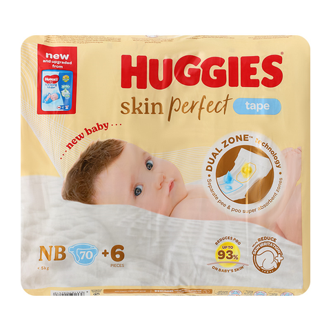 Tã dán Huggies Skin Perfect size NB 70+6 miếng (Dưới 5 kg)