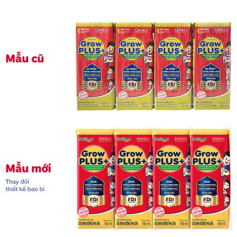 Lốc 4 hộp sữa pha sẵn Nutifood GrowPLUS+ đỏ hương vani 180 ml cho trẻ suy dinh dưỡng, thấp còi (từ 1 tuổi)
