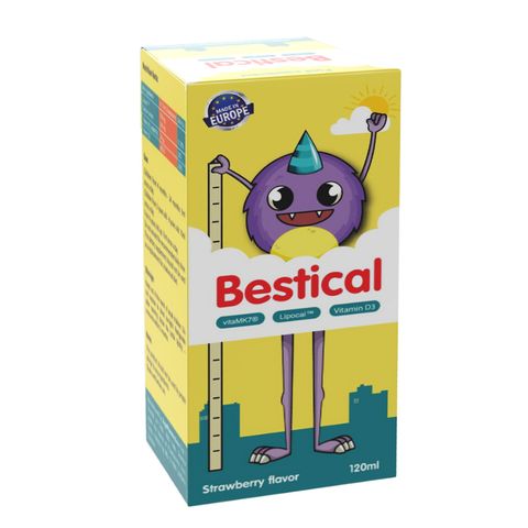 Siro Bestical hỗ trợ xương và răng chắc khỏe hương dâu, 120 ml dạng uống (từ 4 tháng)