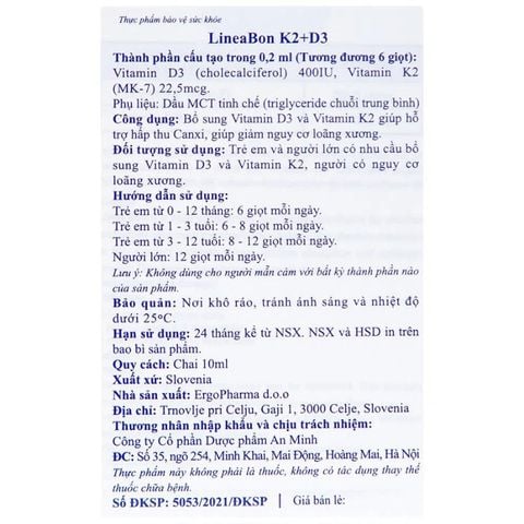 LineaBon K2+D3 hỗ trợ hấp thu canxi, 10 ml dạng nhỏ giọt (từ 0 tháng)
