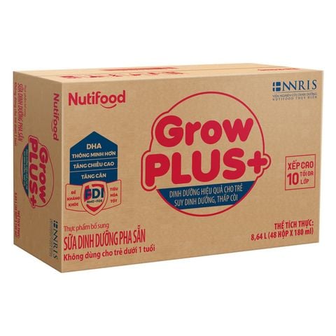 Thùng 48 hộp sữa pha sẵn Nutifood GrowPLUS+ đỏ hương vani 180 ml cho trẻ suy dinh dưỡng, thấp còi (từ 1 tuổi)