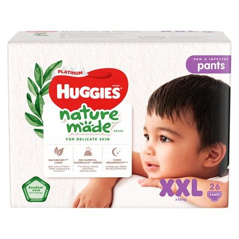 Tã quần Huggies Platinum nature made siêu cao cấp size XXL 26 miếng (Trên 15 kg)