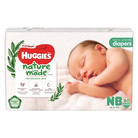 Tã dán Huggies Platinum nature made siêu cao cấp size NB 60 miếng (Dưới 5 kg)