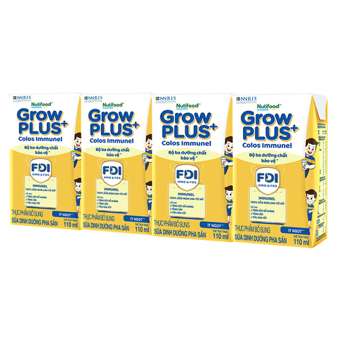 Lốc 4 hộp sữa non pha sẵn Nutifood GrowPLUS+ Colos Immunel hương vani 110 ml (từ 1 tuổi)