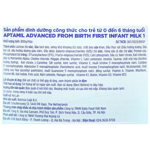 Sữa bột Aptamil Anh Advanced số 1 800g (0 - 6 tháng)