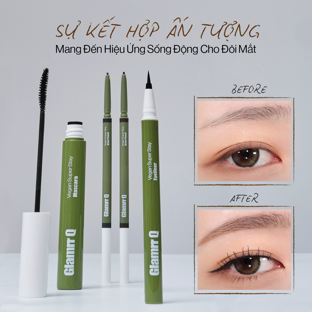Bộ 3 Trang Điểm Mắt Glamrr Q Chống Nước Thuần Chay (Mascara, Eyeliner, Eye Brow)
