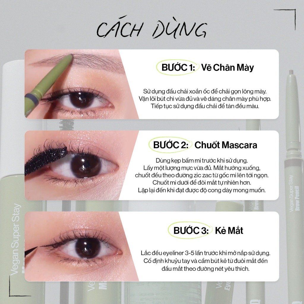 Bộ 3 Trang Điểm Mắt Glamrr Q Chống Nước Thuần Chay (Mascara, Eyeliner, Eye Brow)