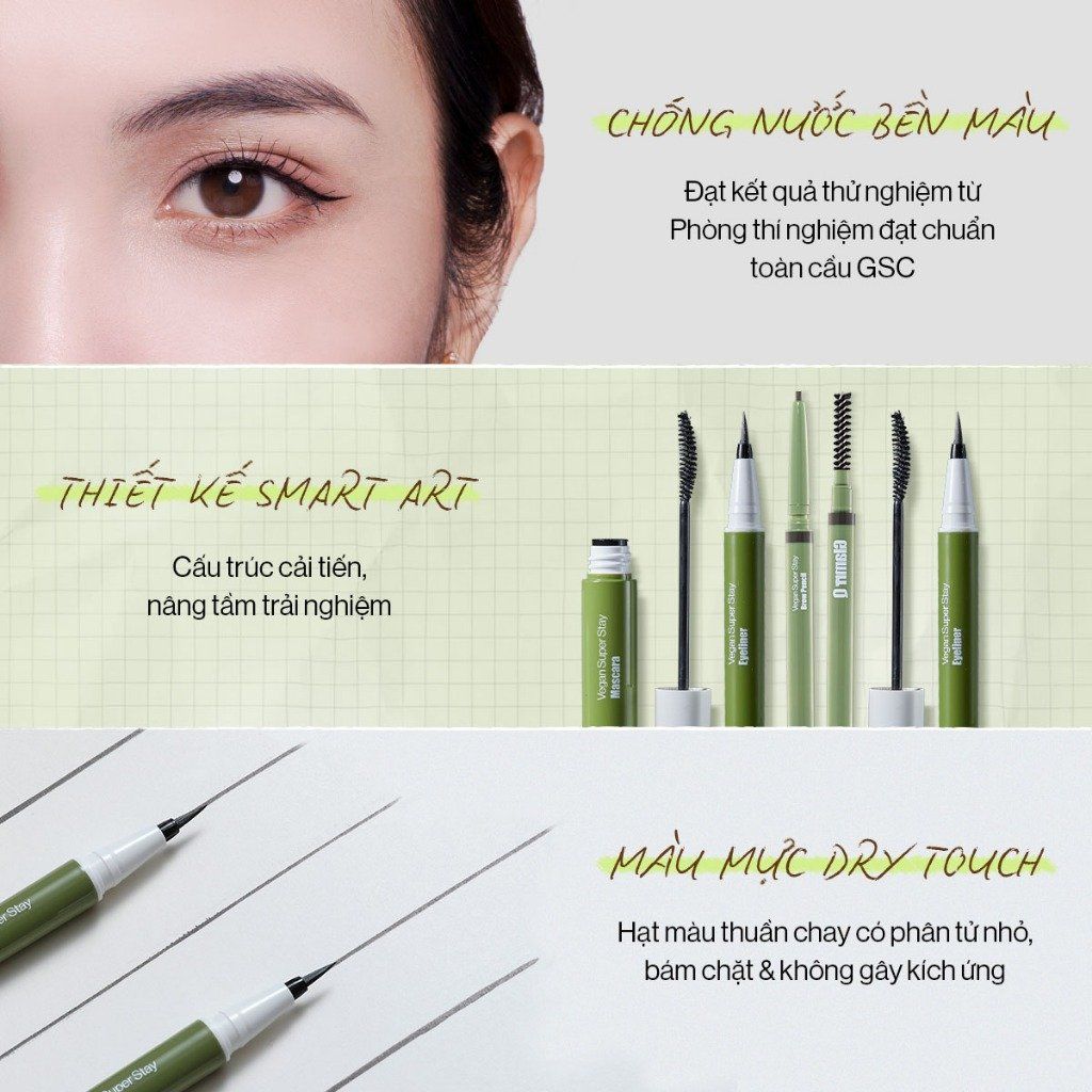 Bộ 3 Trang Điểm Mắt Glamrr Q Chống Nước Thuần Chay (Mascara, Eyeliner, Eye Brow)