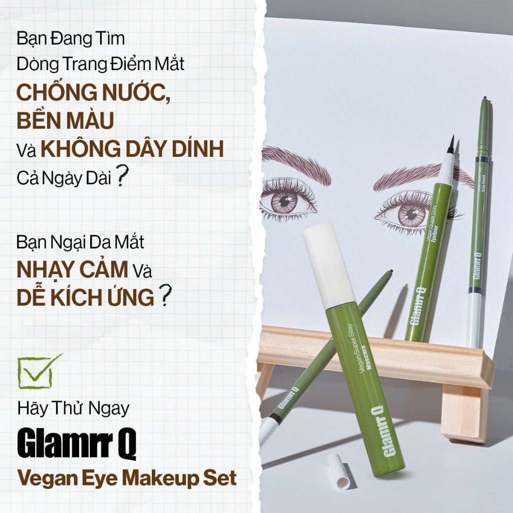Bộ 3 Trang Điểm Mắt Glamrr Q Chống Nước Thuần Chay (Mascara, Eyeliner, Eye Brow)