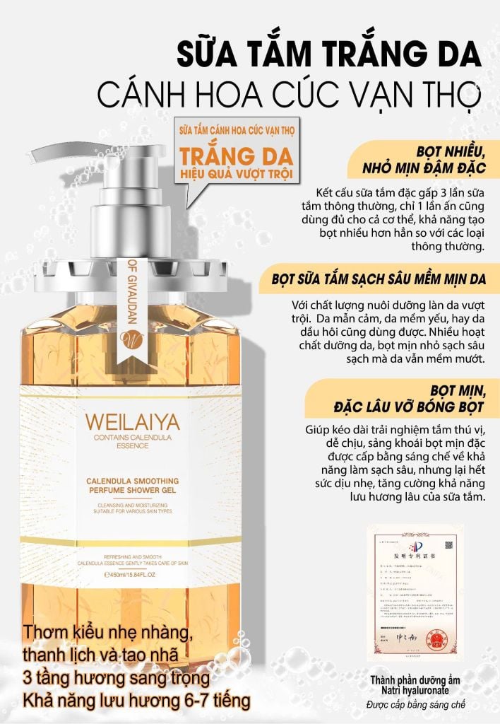 Sữa Tắm Trắng Da Cánh Hoa Cúc Vạn Thọ Weilaiya Chai 450ml